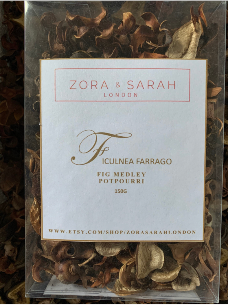 Zora & Sarah London figulnea farrago potpourri packaging with dried figs.