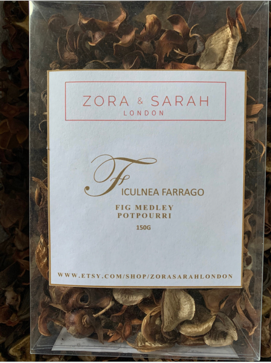 Zora & Sarah London figulnea farrago potpourri packaging with dried figs.